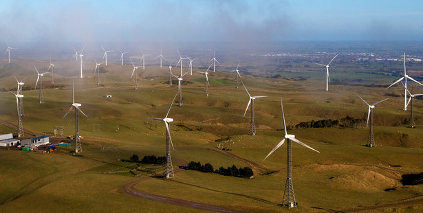 Aerial photograph of wind turbines on the Tararua Range above Palmerston North. Photo / Mike Scott