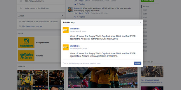 A recent post on the Australian Rugby Union Facebook Page was edited, replacing "All Blacks" with "New Zealand".