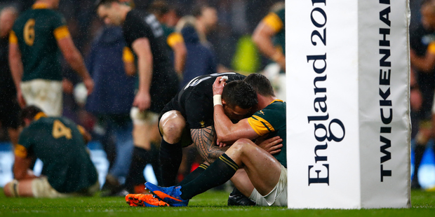 Jesse Kriel of South Africa is consoled by Sonny Bill Williams of the All Blacks. Photo / Getty Images