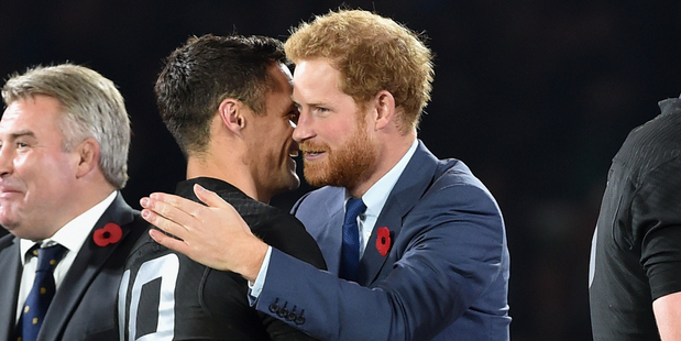 Prince Harry congratulates Dan Carter. Photo / Getty Images