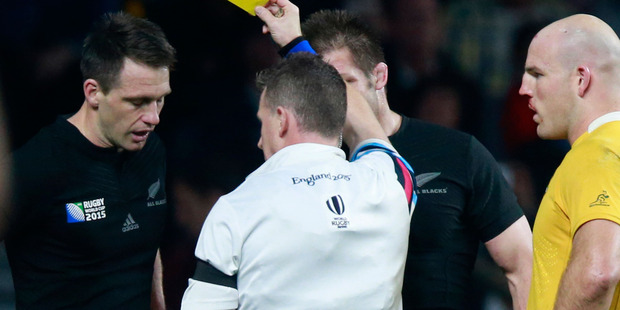Nigel Owens yellow cards Ben Smith during the World Cup final. Photo / Getty
