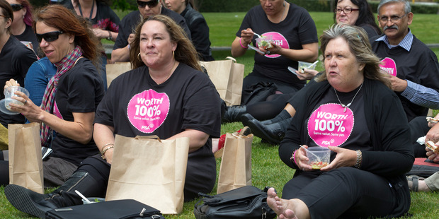 PSA members during the Equal Pay Day picnic on the front lawn at Parliament. Photo / Mark Mitchell