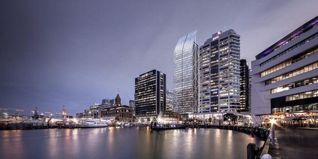 New Downtown Tower image at night. (lit up, in the centre of picture)