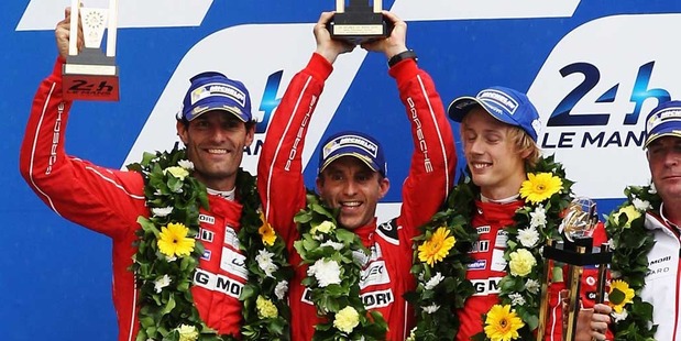 The Porsche Team 919 Hybrid of (L-R) Mark Webber of Australia, Timo Bernhard of Germany and Brendon Hartley of New Zealand celebrate. Photo / Getty Images.