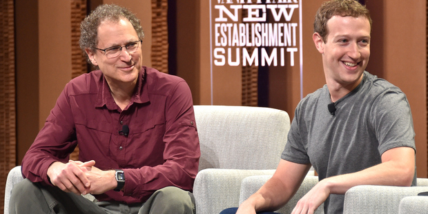 Oculus Chief Scientist Michael Abrash and Mark Zuckerberg speak onstage during 'Now You See It, The Future of Virtual Reality' at the Vanity Fair New Establishment Summit.