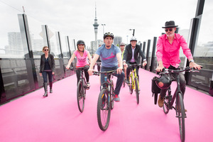 Auckland's bright pink cycleway opened this morning. Photo / Supplied