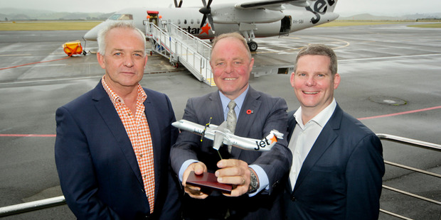 Grant Kerr head of Jetstar Australia NZ, Craig Foss Associate transport minister, David Hall, Jetstar Australia NZ CEO. Photo / Warren Buckland