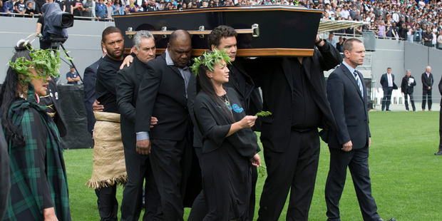 Jonah Lomu's casket as he arrives at Eden Park. Photo / Brett Phibbs