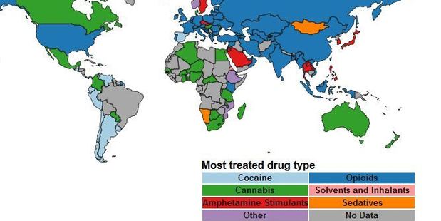 Map shows most people are seeking treatment for cannabis and opioids. Image / RecoveryBrands