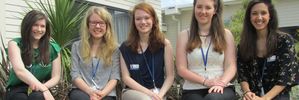 RGP 24Jan15 - HAPPY AS: Roisin Donnelly, Heather Osborne, Catriona Macaulay, Karen Simms and Sarah Taghizadeh are spending six weeks in Whakatane as part of a clinical school. PHOTO/KATEE SHANKS