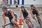 Pilot Bay Classic triathlon winner Aiden Dunster leads the cycle leg, ahead of Adam McCarthy Pilot Bay Classic triathlon winner Aiden Dunster leads the cycle leg, ahead of Adam McCarthy