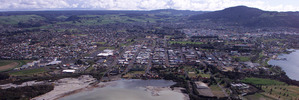 Aerial view of central Rotorua looking out over Sulphur Point on Lake Rotorua. Photo: Alan Gibson.