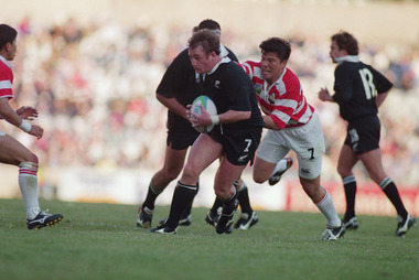 Paul Henderson's only game as All Blacks captain, against Japan in 1995, ended in a record World Cup win. Photo / Getty Images