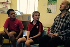 LOOKING BACK: Jack Butcher, 96, returned to Haumoana School to share his memories of the 1931 earthquake with students including Malachi Kireka and Molly Deck. PHOTO/SUPPLIED LOOKING BACK: Jack Butcher, 96, returned to Haumoana School to share his memories of the 1931 earthquake with students including Malachi Kireka and Molly Deck. PHOTO/SUPPLIED