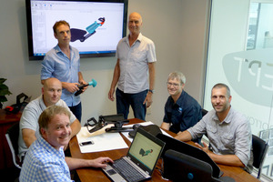 (Pictured clockwise from left front): Adept team members Mike Oxborough, senior product designer; Stuart Roddin, operations manager; Jason Yalden, toolroom manager; Murray Fenton, managing director; Andre Terzaghi, carbon fibre composites; and Matt Lazenby, design room manager.