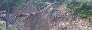 The washout north of Wairoa left railway tracks hanging in the air. Photo / File