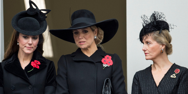 Rift? The Duchess of Cambridge, left, and Sophie, Countess of Wessex, right, attend the annual Remembrance Sunday Service at the Cenotaph with Queen Maxima of the Netherlands. Photo / Getty Images