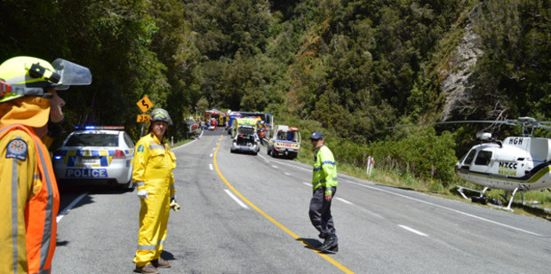 The road was covered in broken glass and leaking engine fluids and fuel. Photo / Greymouth Star