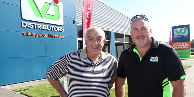 VJ Distributors Ltd co-owners Peter Geor and Craig Bridgman outside their new premises, 10 years to the day the business in Omahu Rd was razed by a massive fire. Photo / Duncan Brown