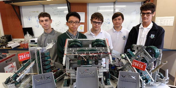 (From left) Otumoetai College students John Austin, Daniel Lee, Finn Schullenbach, Ethan Hanlon, Cory Dyer, and Braedyn Denney (not pictured) won the VEX Robotics National Championship title last weekend. Photo / George Novak