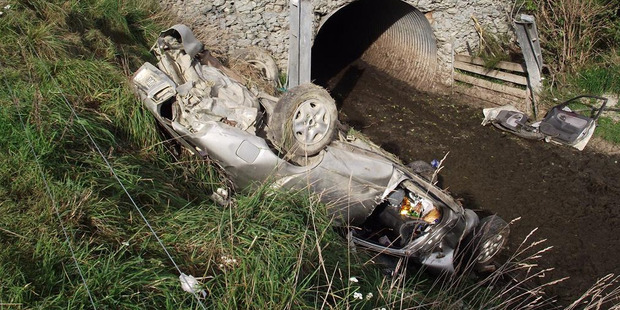 Mitchell Clarke's Mazda 626 car, which left SH83 and crashed into a stock underpass east of the Otekaieke River bridge. Photo / Otago Daily Times