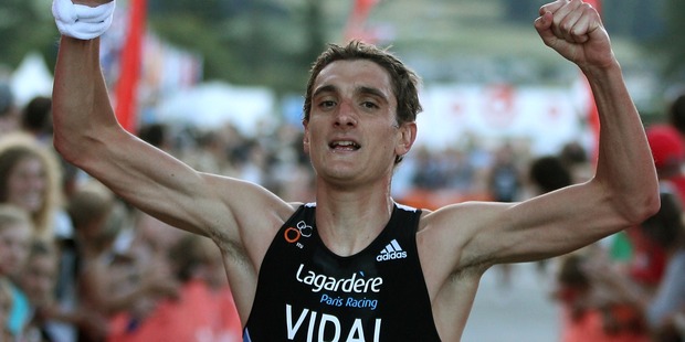 Laurent Vidal of France celebrates winning the Contact Triathlon Cup in 2011. Photo / Getty Images