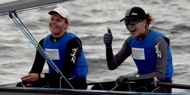 Jo Aleh and Polly Powrie pose for photographers. Photo / Getty Images