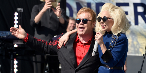 Elton John and Lady Gaga performed live on the Sunset Strip during a surprise one hour show. Photo / Getty