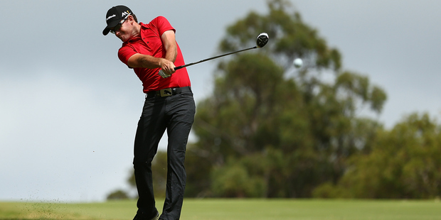 Josh Geary plays his second shot on the 7th hole during the 2016 Perth International. Photo / Getty Images