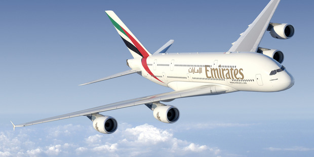 An Emirates Airbus A380 like the aircraft to be used on the inaugural flight.