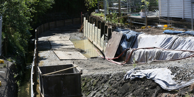 The construction site on Hillcrest Road, Northcote where a man was injured after falling into a stormwater drain. Photo / Chris Loufte