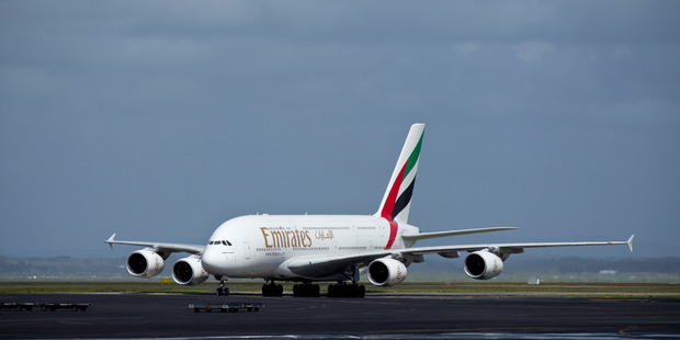 One of two Emirates A380 super jumbos arrives at Auckland International Airport. Photo / Dean Purcell