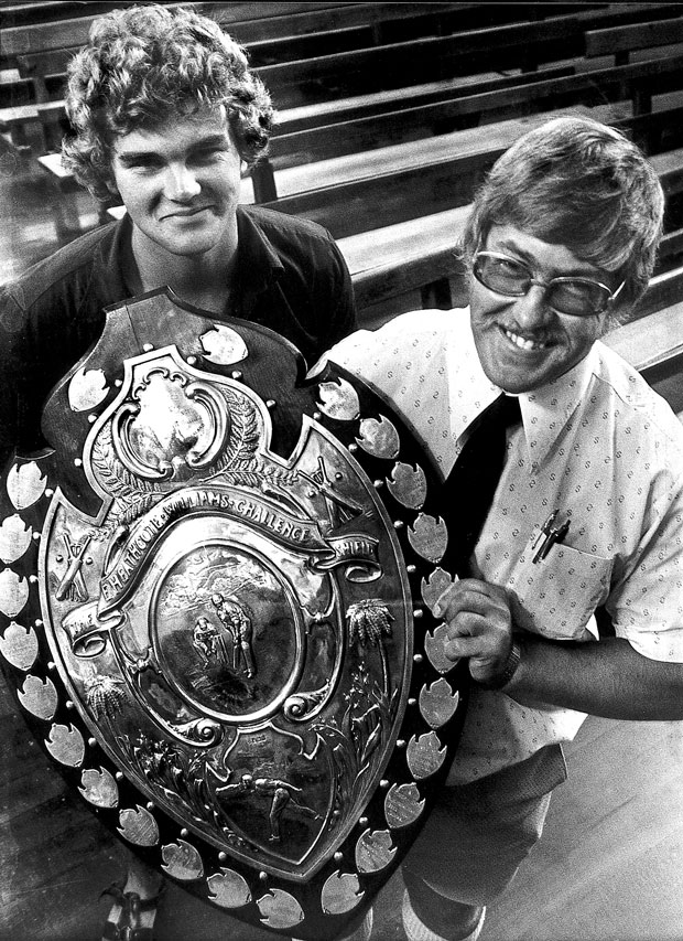 The captain of the Auckland Grammar School cricket XI Martin Crowe (left) and the teams coach Steve Watt holding the E. Heathcote Williams Challenge Sheild.