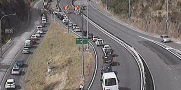 The serious crash which is slowing traffic into Wellington involved a truck and a motorbike. Photo / NZ Transport Agency