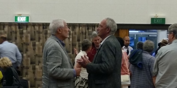 DEBATE: HBRIC chairman Andy Pearce and Hawke's Bay Regional Councillor Peter Beaven in discussion after last night's meeting at Karamu High School. Photo/ Sophie Price