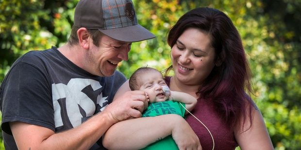 Ben Tuffin and Nina Brickland with their 8-week-old son Sydney at their Beachlands home. Photo / Nick Reed
