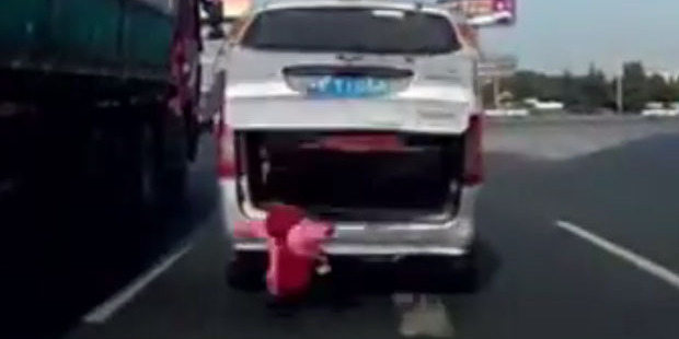 The toddler fell from the boot of the vehicle as his grandfather was driving.