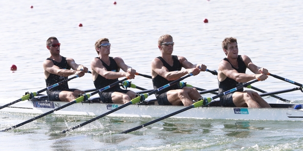 George Bridgewater (second from right) and the New Zealand quad crew missed Olympic qualification by 0.05s last year. PHOTOSPORT