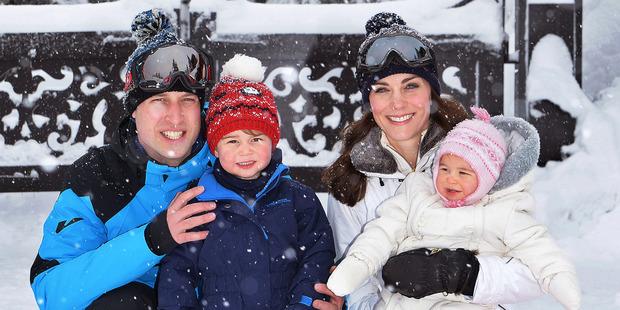 Britain's Prince William and Duchess of Cambridge with their children, Princess Charlotte, right, and Prince George, enjoy a short private break skiing in the French Alps. Photo / AP