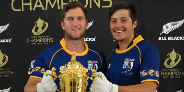 Bay of Islands College 1st XV co-captains Xavier Nilsson-Cherrington, 17, and Max Stuart, 16, were among the lucky few to hold the coveted Webb Ellis Cup. PHOTO / PETER DE GRAAF