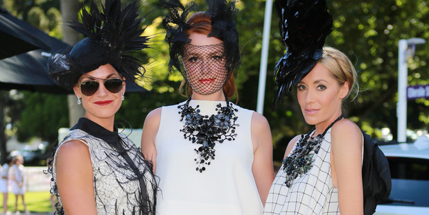 BMW Derby Day at Ellerslie at Swisse Glasshouse. L to R. Margaux Davison, Naomi Puketapu-Wait and Claire Hahn. Photo / Norrie Montgomery