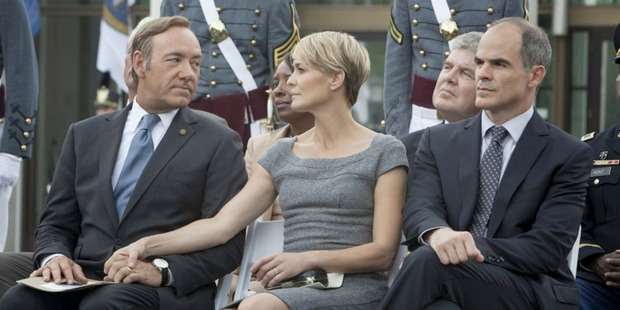Kevin Spacey, Robin Wright and Michael Kelly in a scene from Netflix's House of Cards. Photo / Patrick Harbron, Netflix