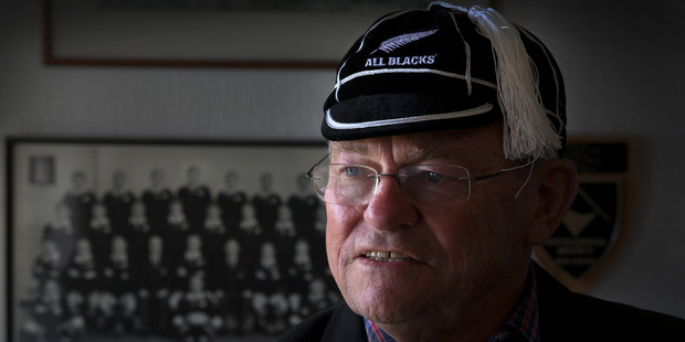 Neil Wolfe, dementia sufferer and All Black, wearing his All Blacks cap and jacket, at his home in New Plymouth. Photo / Brett Phibbs