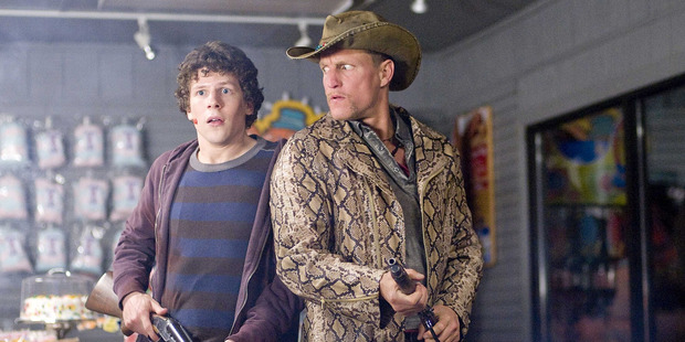 Jesse Eisenberg and Woody Harrelson in a scene from the movie Zombieland.