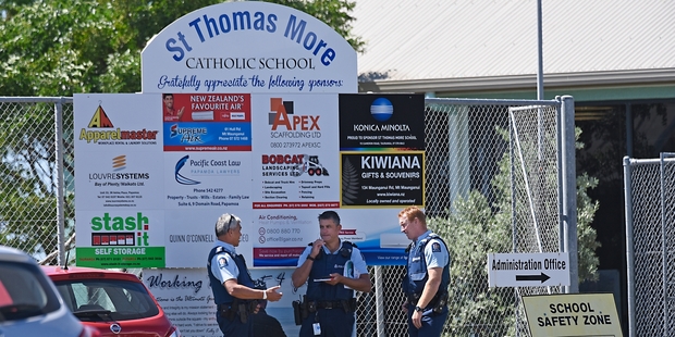 Police at St Thomas More Catholic School in Mount Maunganui after a bomb threat was made. Photo / George Novak