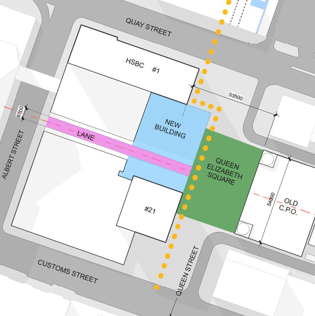 The blue area shows the existing Queen Elizabeth Square that Council plans to sell. Photo / Supplied