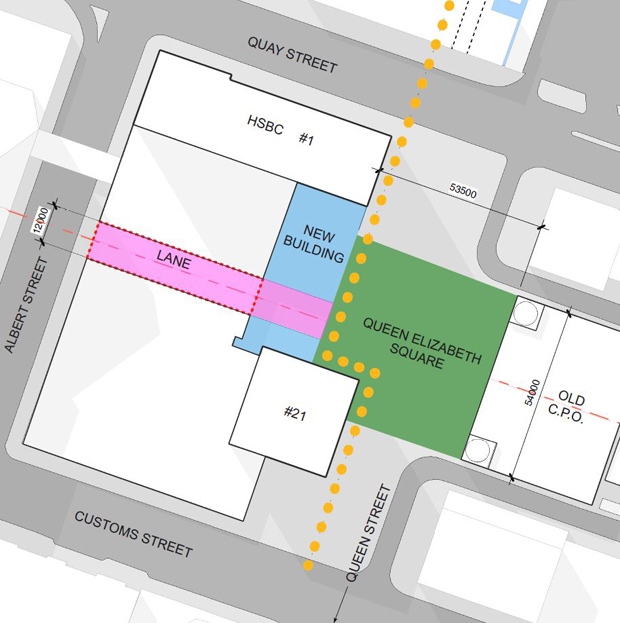 A suggestion by the Architects Association to sell the shaded part of the square and keep the sunny part. Photo / Supplied