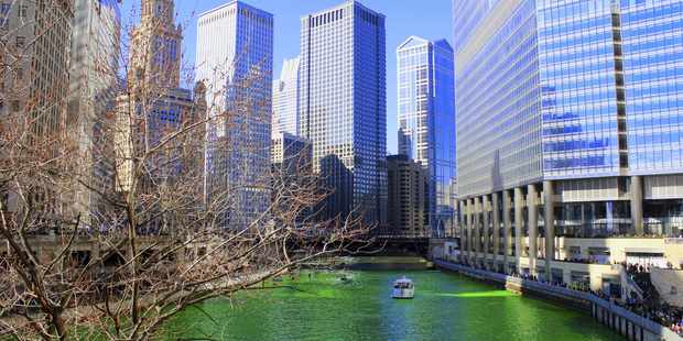 The Chicago River is dyed green every year for St Patrick's Day. Photo / Supplied