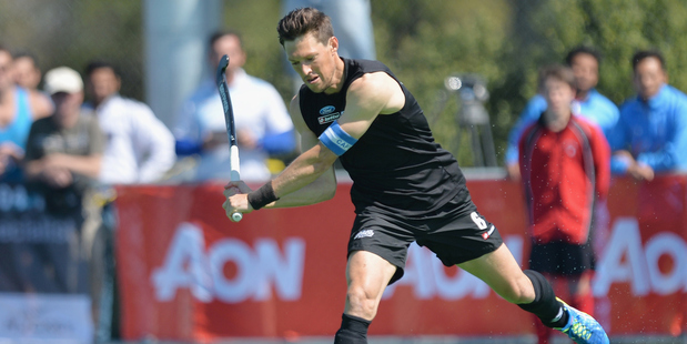 Simon Child during the international men's hockey test against India. Photo / Getty Images