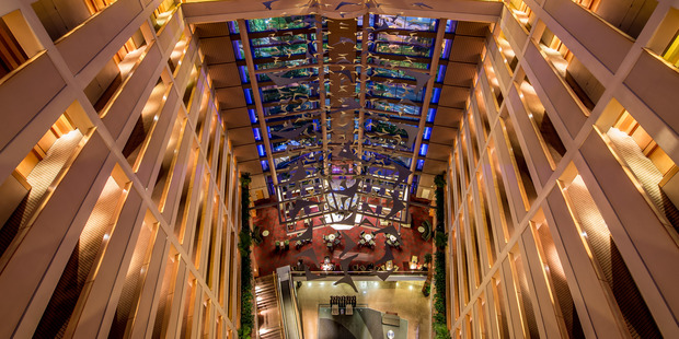 A top-floor view of the lobby at Auckland's Rendezvous Hotel.